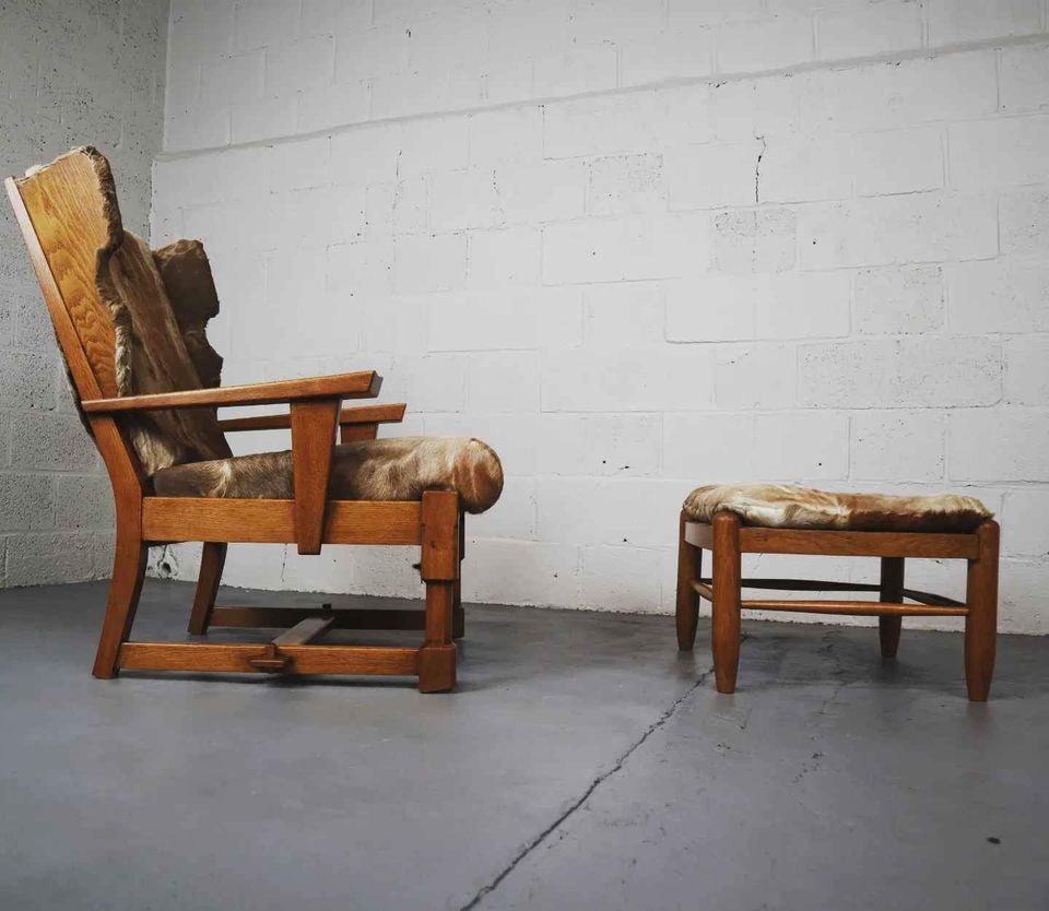 Brutalist oak lounge chair and ottoman